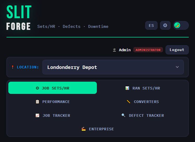 SlitForge app dashboard — location selector, navigation tabs, Admin login
